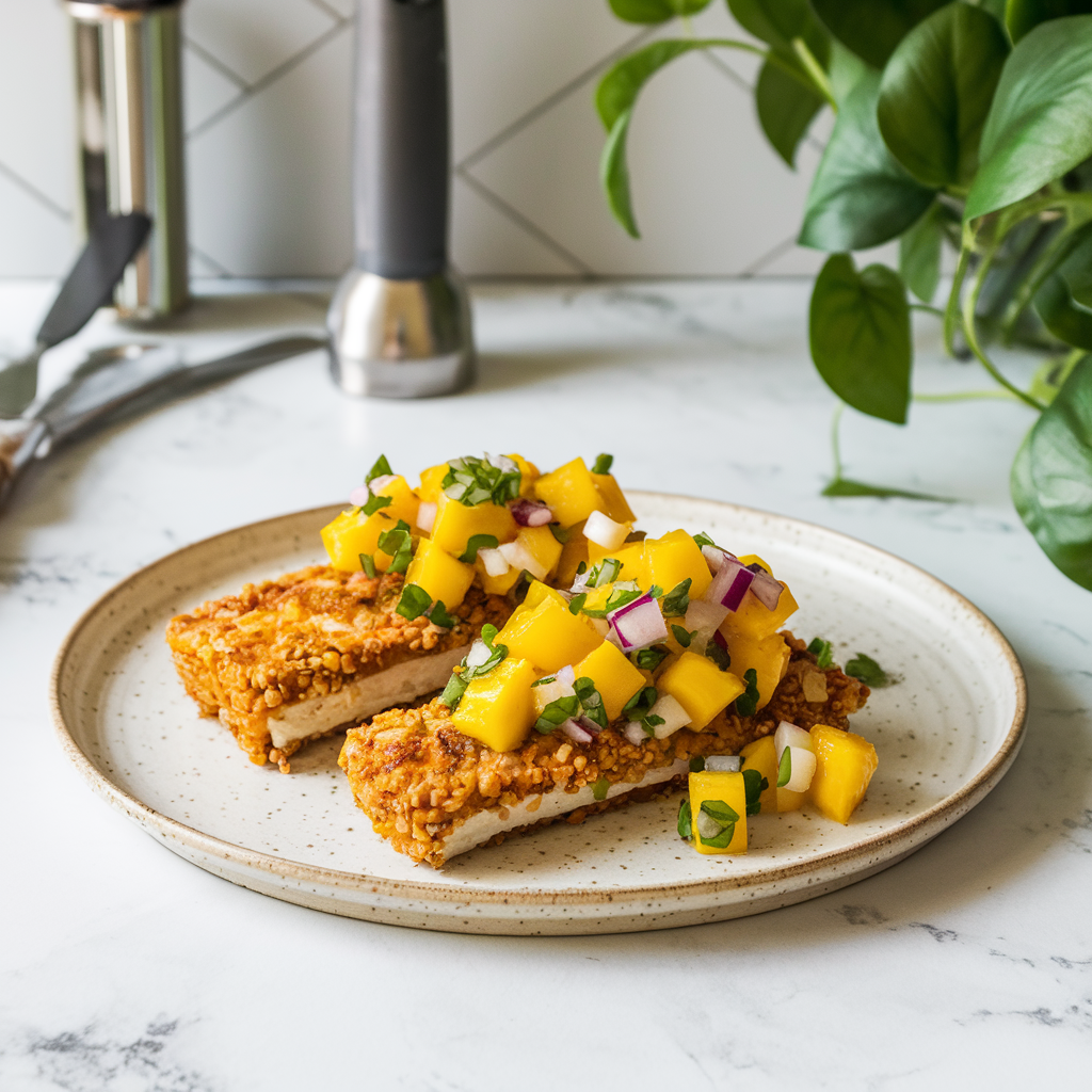 Air Fryer Cornmeal-Crusted Tempeh with Spicy Mango Salsa