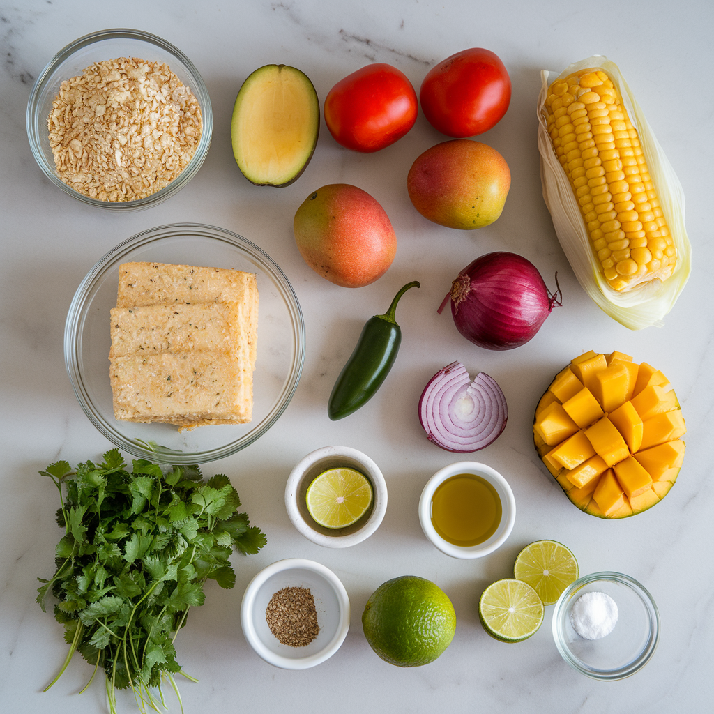 Ingredients for Air Fryer Cornmeal-Crusted Tempeh with Spicy Mango Salsa