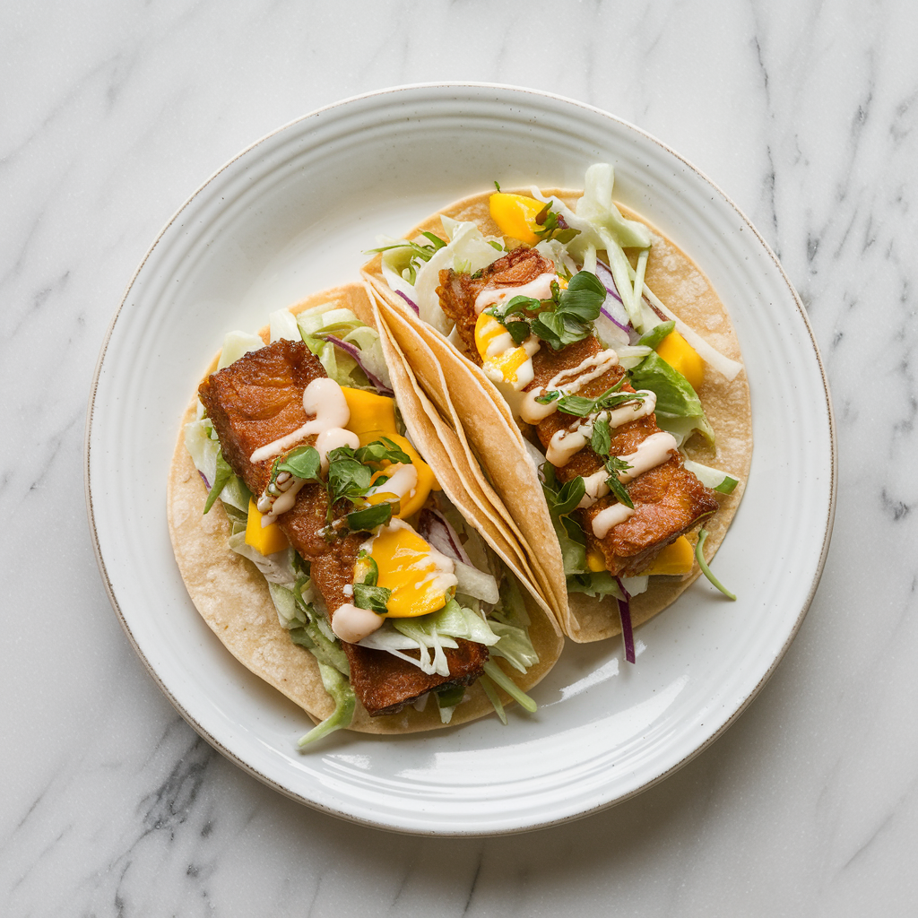 Air Fryer Crispy Pork Belly Tacos with Mango Slaw and Sriracha Aioli