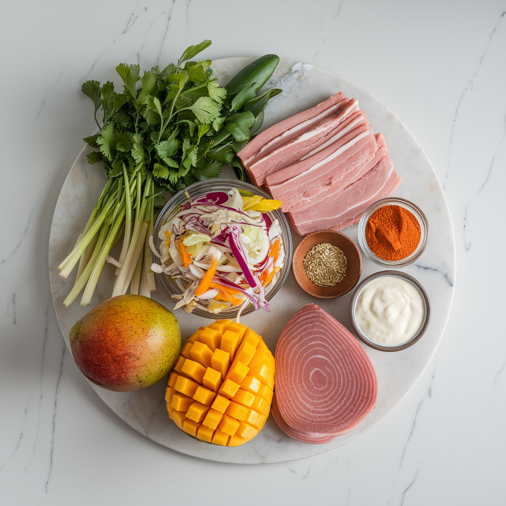 Ingredients for Air Fryer Crispy Pork Belly Tacos with Mango Slaw and Sriracha Aioli