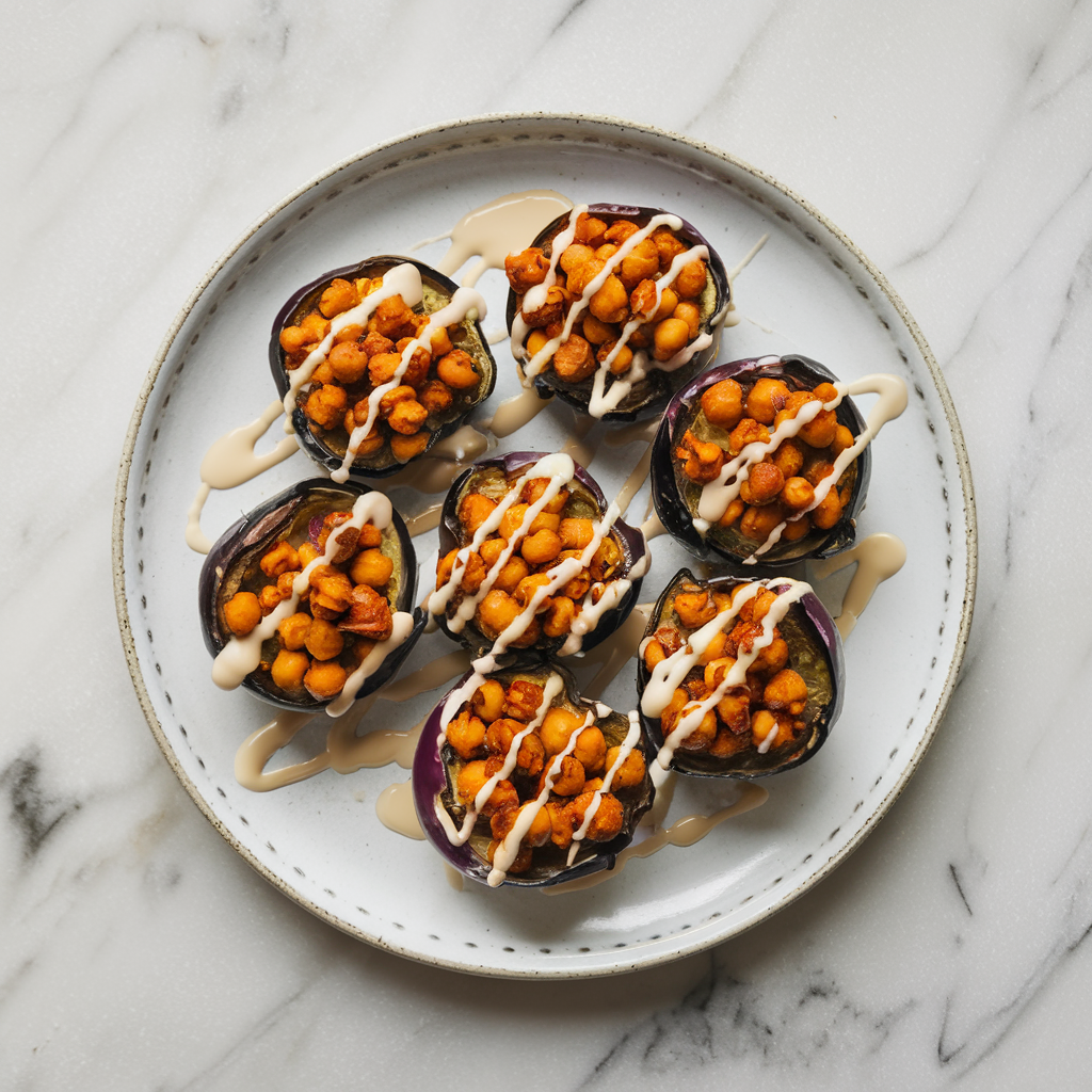 Air Fryer Eggplant Bites with Spicy Chickpea Filling and Tahini Drizzle