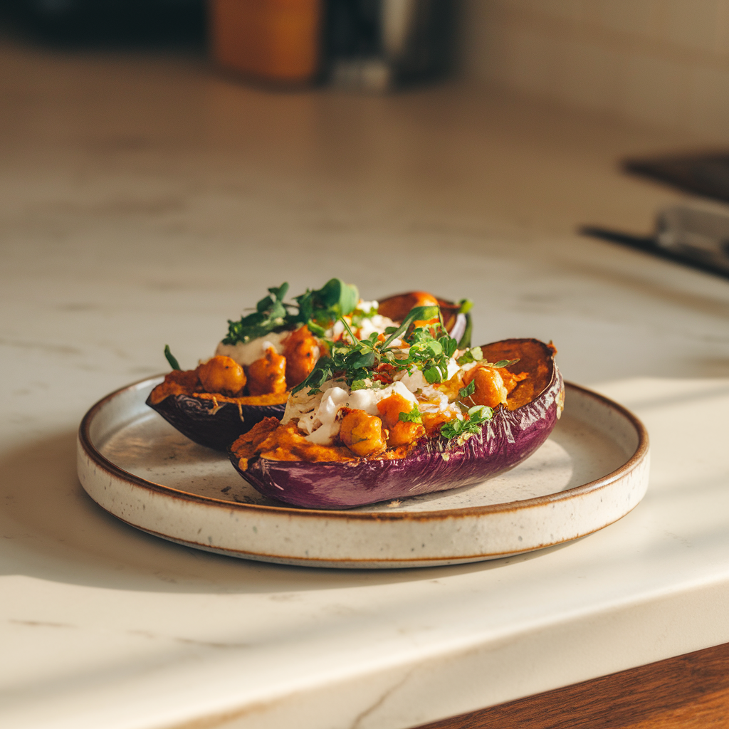 Air Fryer Eggplant & Chickpea Harissa Boats: A Flavor-Packed Vegan Delight