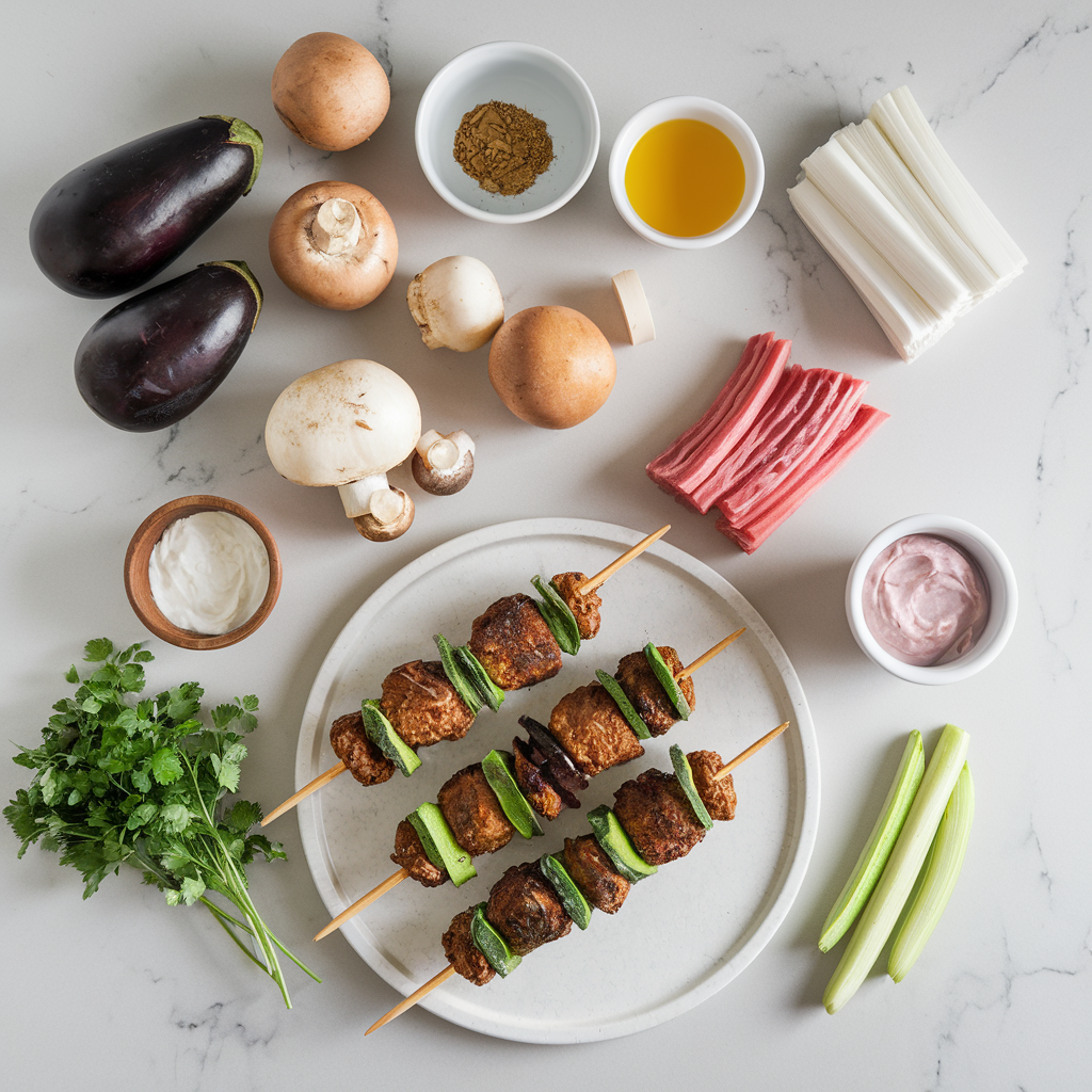 Ingredients for Air Fryer Eggplant & Mushroom Kofta Skewers with Spiced Yogurt Dip