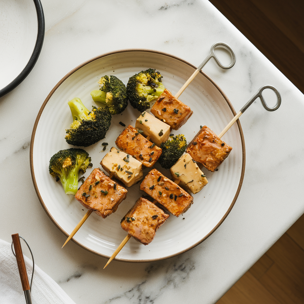 Air Fryer Ginger-Soy Seitan Skewers with Sesame Broccoli