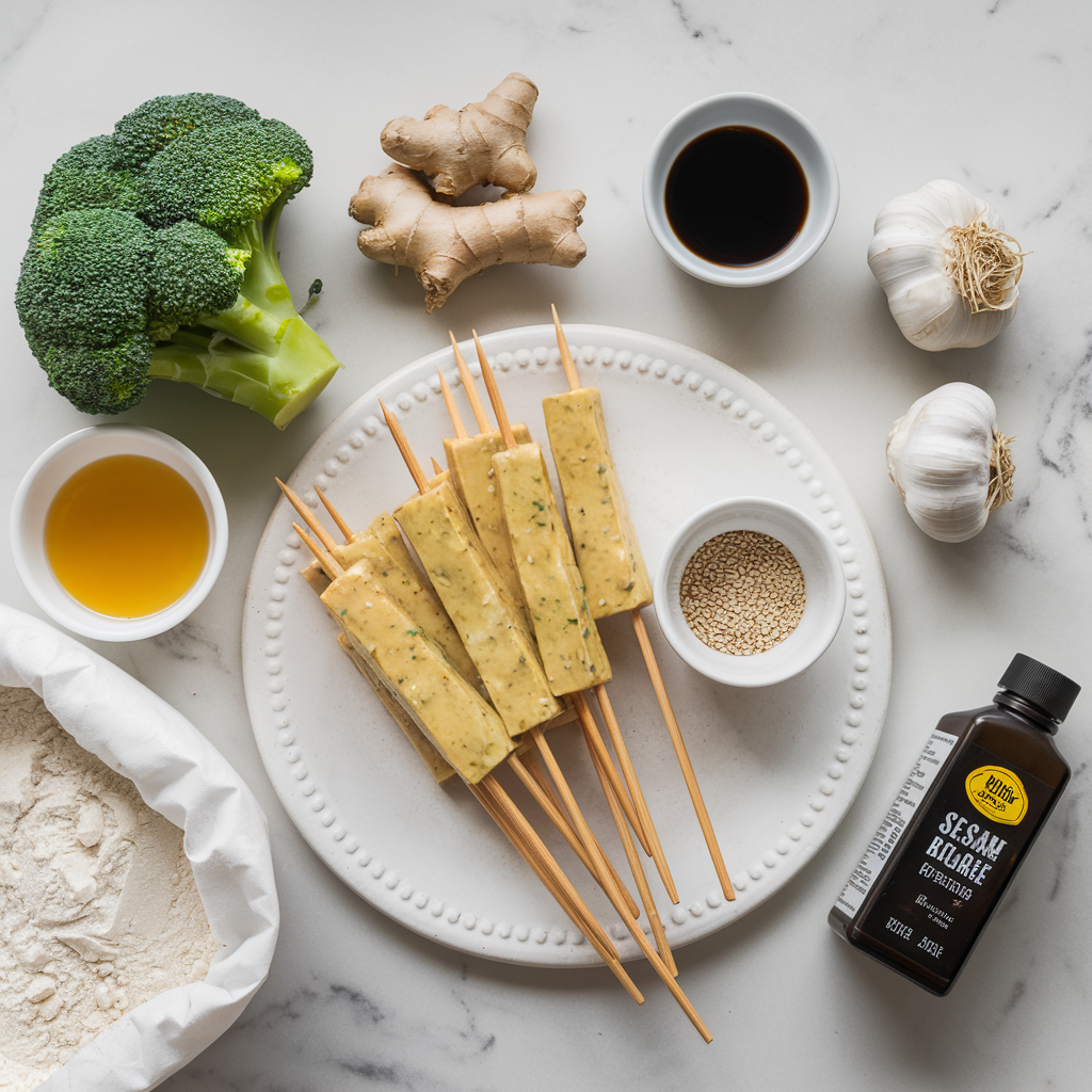 Ingredients for Air Fryer Ginger-Soy Seitan Skewers with Sesame Broccoli