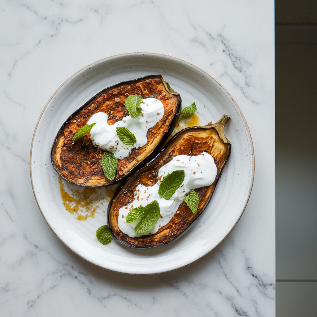 Air Fryer Harissa-Glazed Eggplant Steaks with Mint Yogurt Sauce