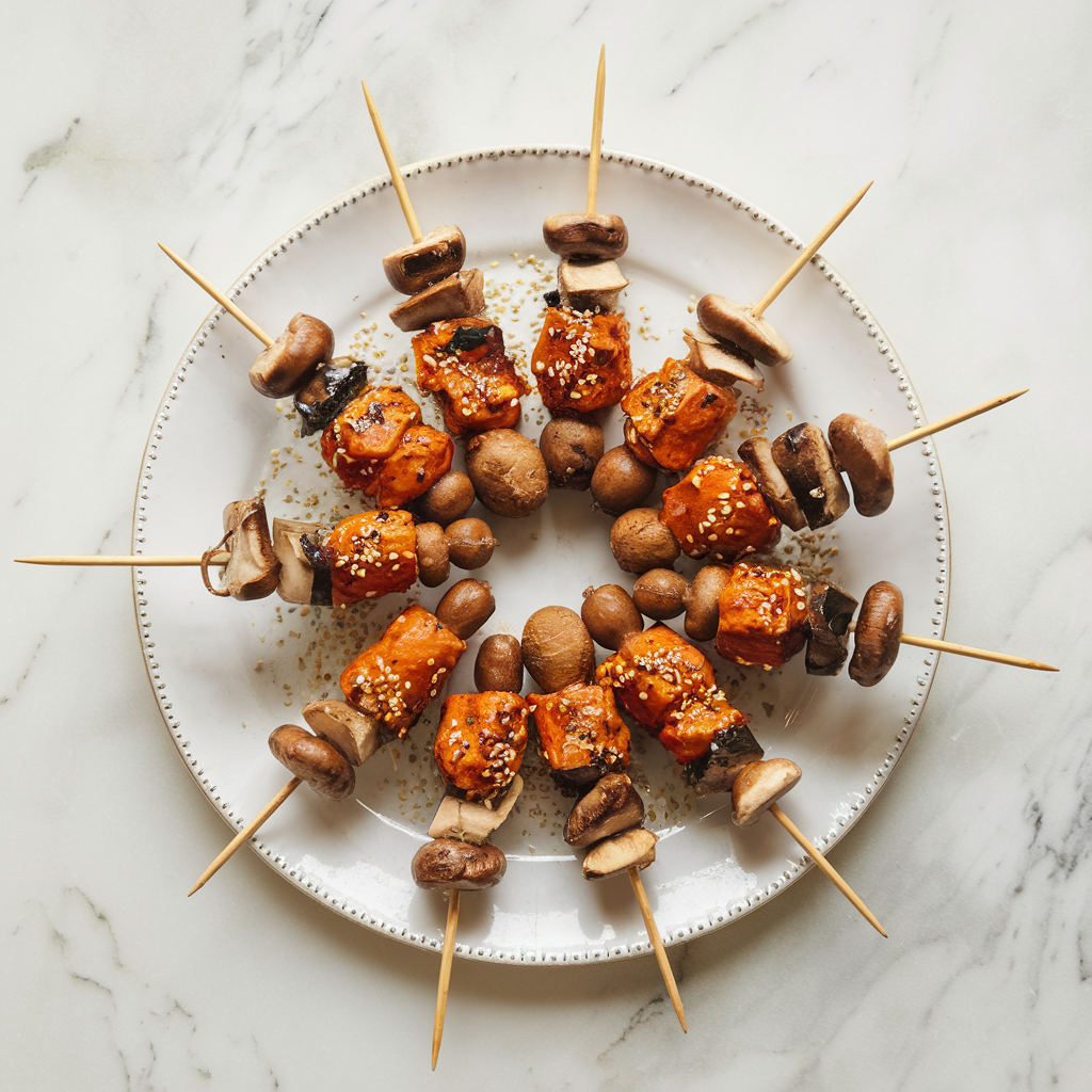 Air Fryer Harissa-Spiced Jackfruit & Mushroom Skewers
