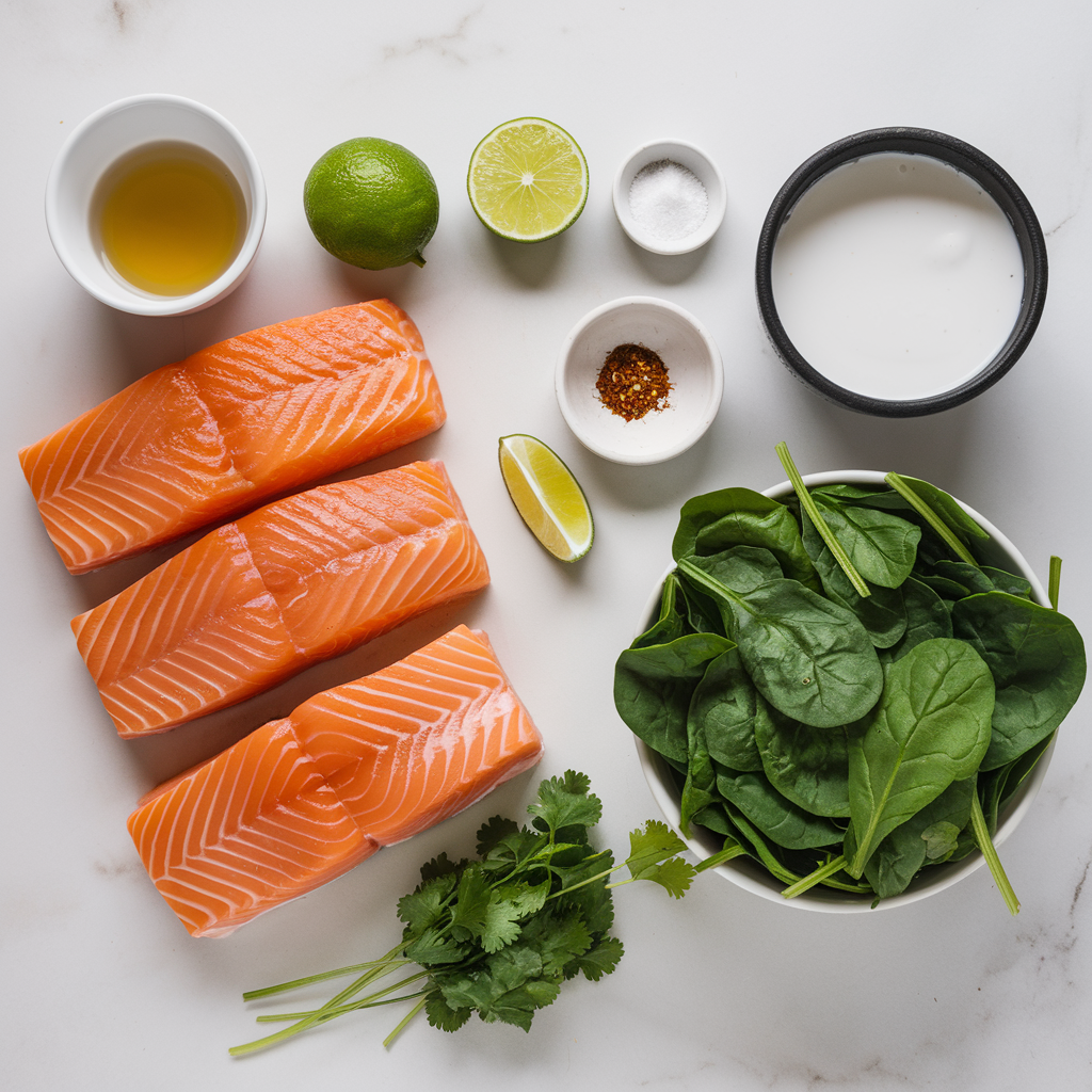 Ingredients for Air Fryer Honey Lime Salmon with Coconut Spinach