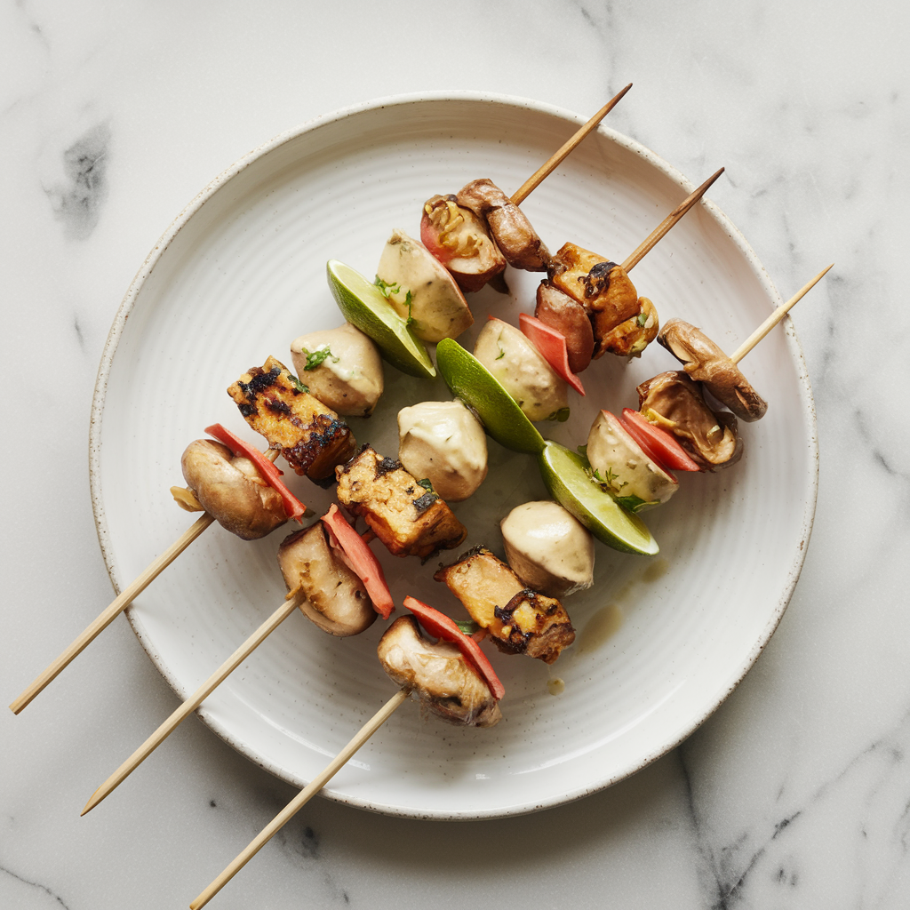 Air Fryer Jackfruit & Mushroom Satay Skewers with Peanut Lime Sauce