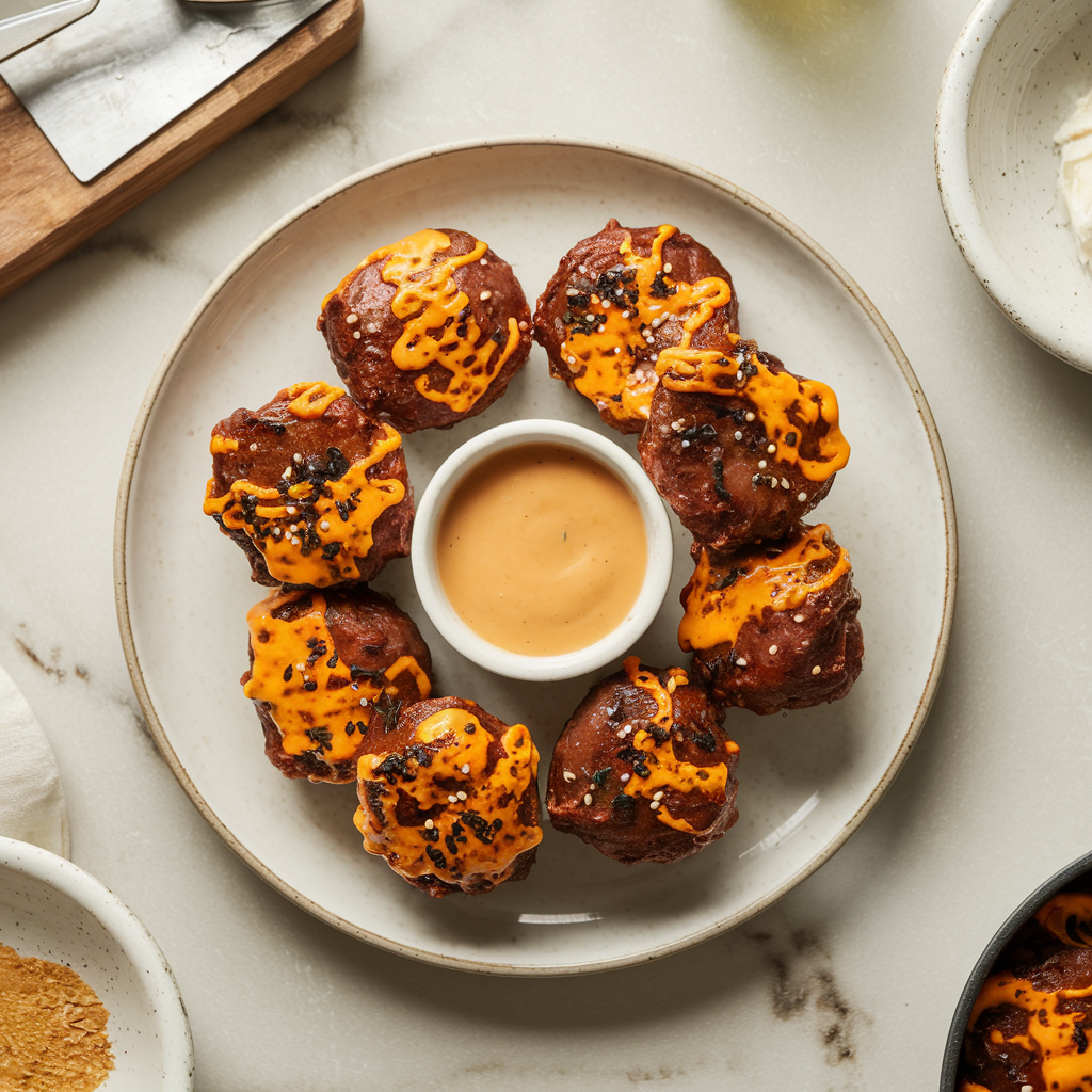 Air Fryer Korean BBQ Beef Sizzle Bites with Spicy Cheese Dipping Sauce