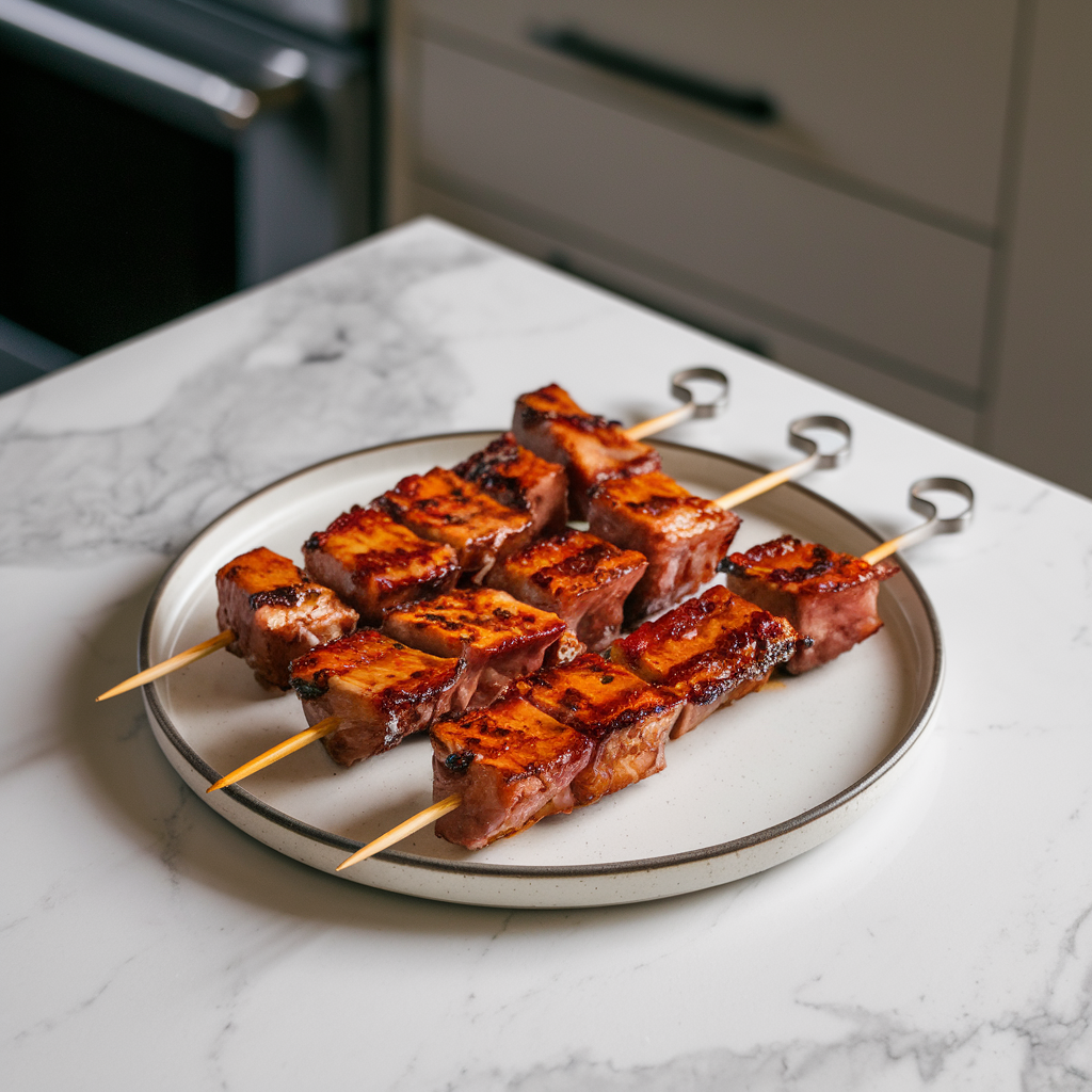 Air Fryer Korean BBQ Pork Belly Skewers with Spicy Kimchi Mayo