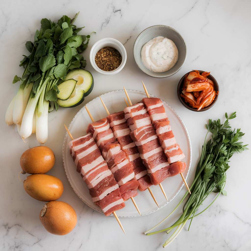 Ingredients for Air Fryer Korean BBQ Pork Belly Skewers with Spicy Kimchi Mayo