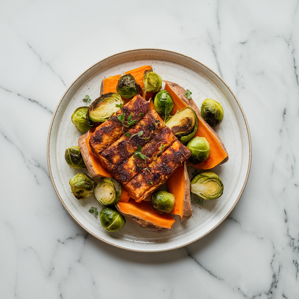 Air Fryer Maple-Balsamic Tempeh with Roasted Sweet Potato and Brussels Sprouts