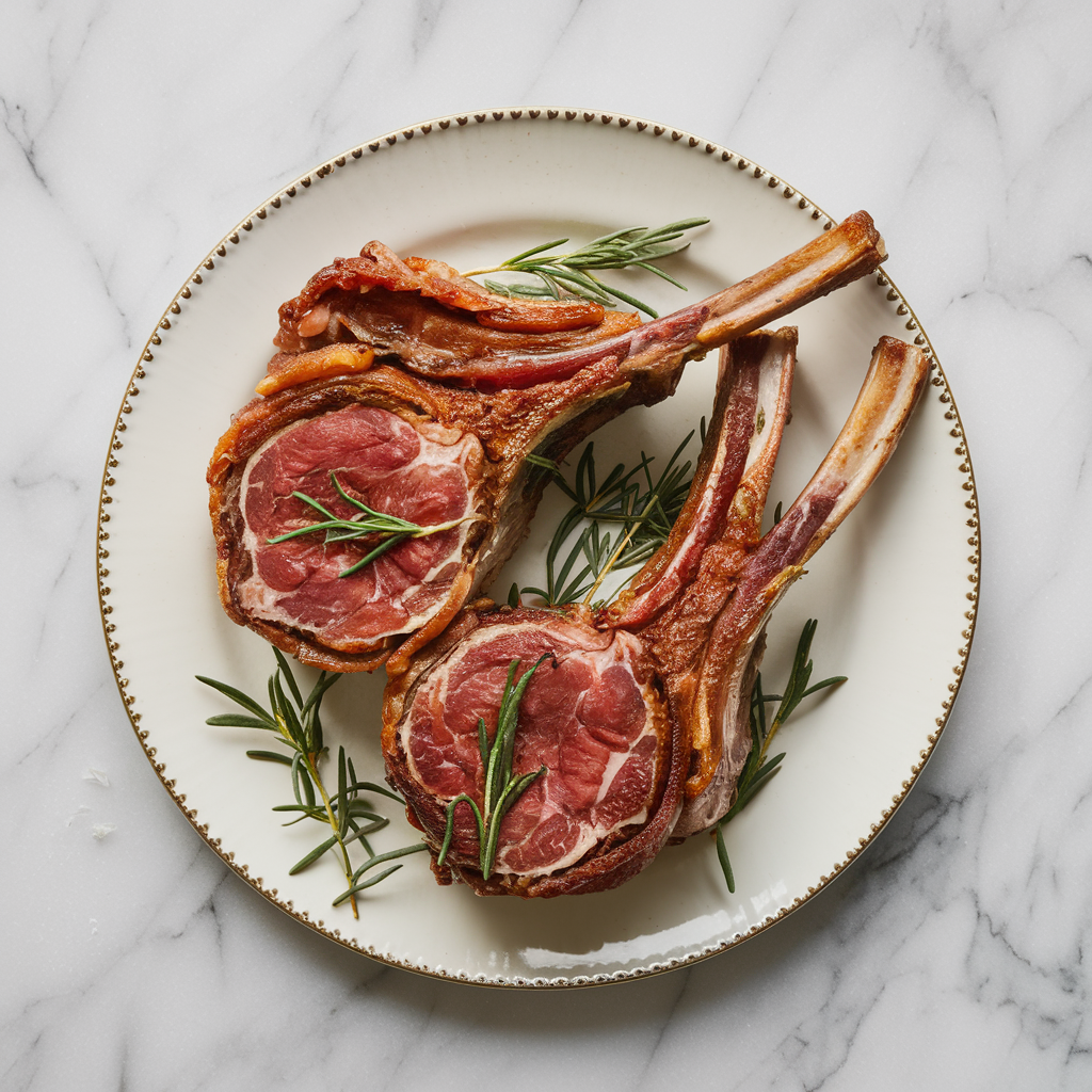 Air Fryer Maple Bourbon Bacon-Wrapped Lamb Chops