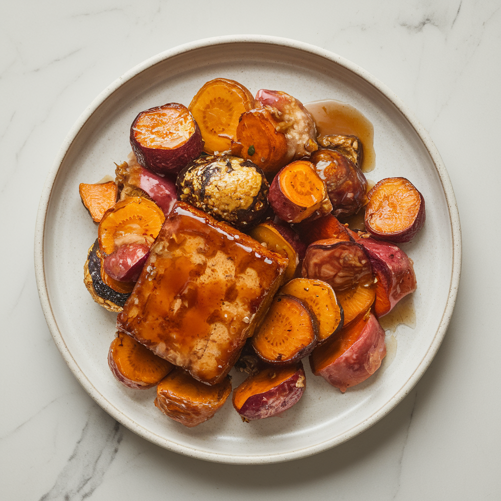 Air Fryer Maple-Glazed Tempeh with Roasted Root Vegetables