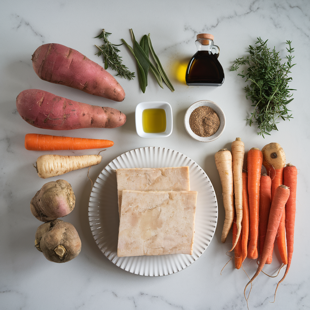 Ingredients for Air Fryer Maple-Glazed Tempeh with Roasted Root Vegetables