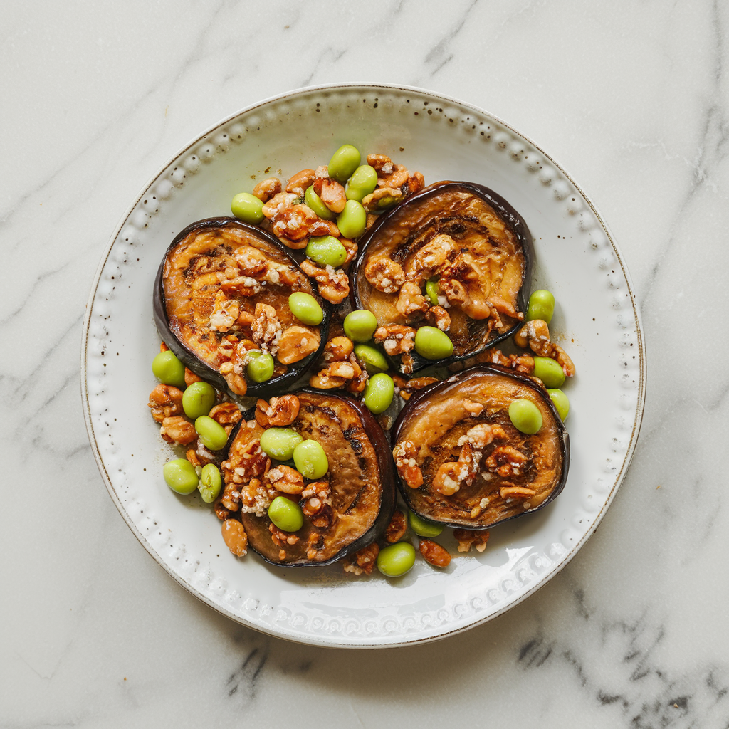 Air Fryer Maple-Miso Eggplant Medallions with Spicy Edamame Crunch