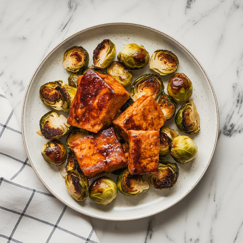 Air Fryer Maple-Mustard Glazed Tempeh and Brussels Sprouts