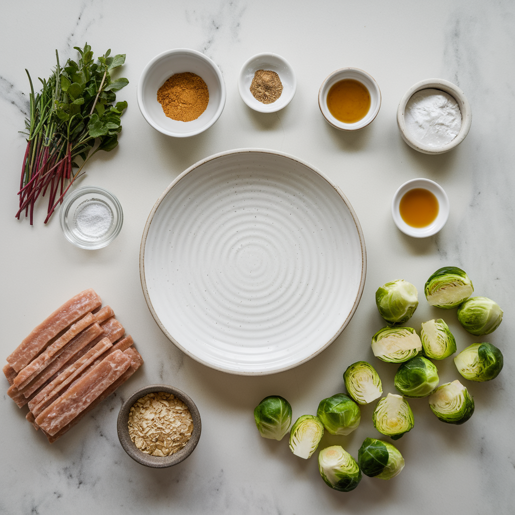 Ingredients for Air Fryer Maple-Mustard Glazed Tempeh and Brussels Sprouts