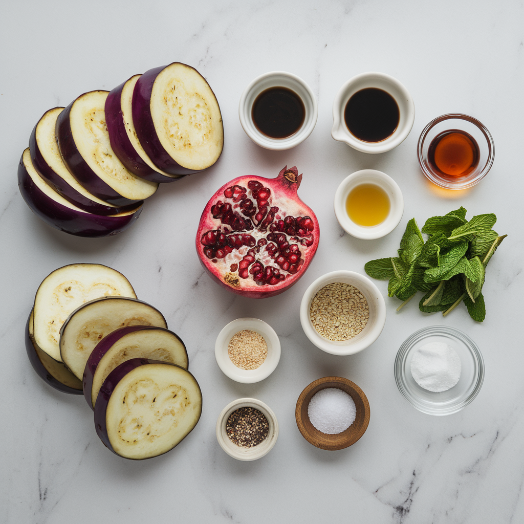 Ingredients for Air Fryer Miso-Glazed Eggplant and Pomegranate Salad