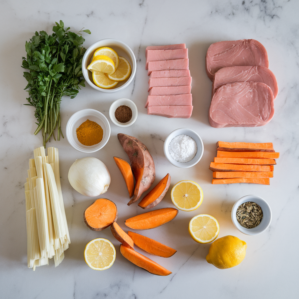 Ingredients for Air Fryer Rosemary & Lemon Tempeh Steaks with Sweet Potato Wedges