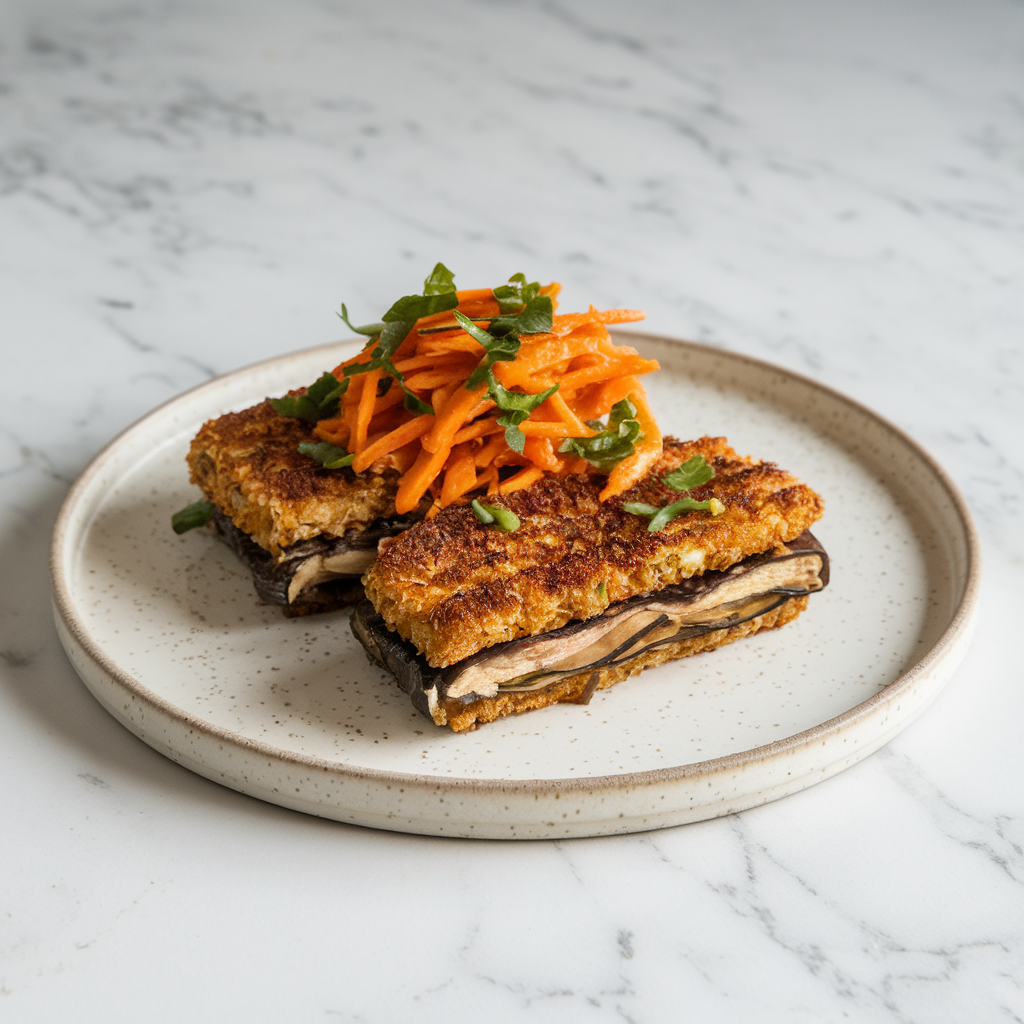 Air Fryer Seitan and Eggplant Katsu with Spiced Carrot Slaw