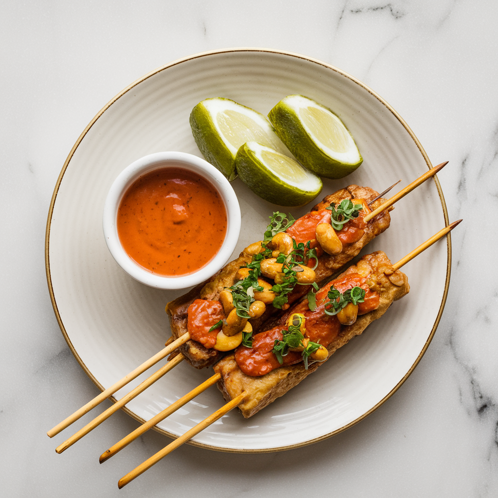 Air Fryer Seitan Satay with Spicy Cashew Dipping Sauce