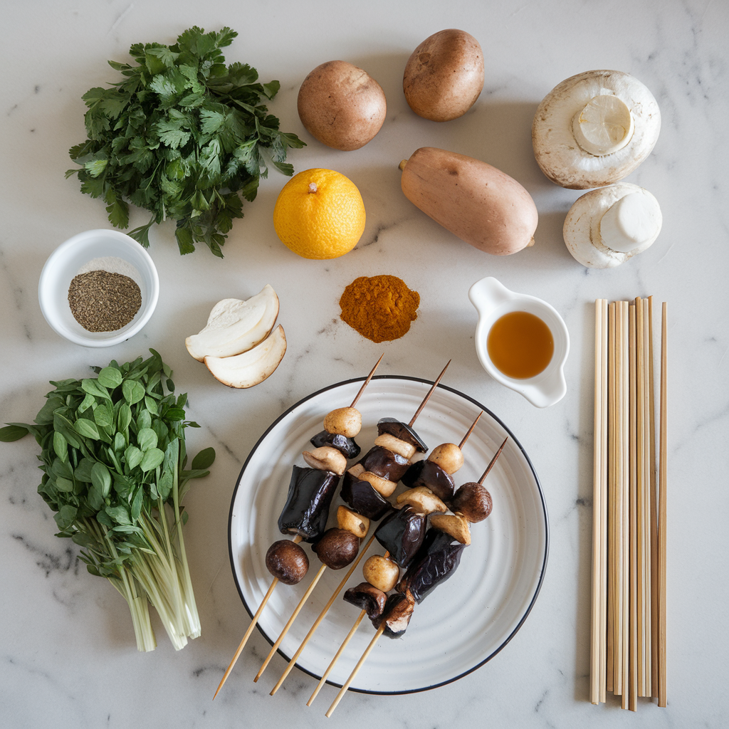 Ingredients for Air Fryer Smoky Eggplant & Mushroom Satay Skewers