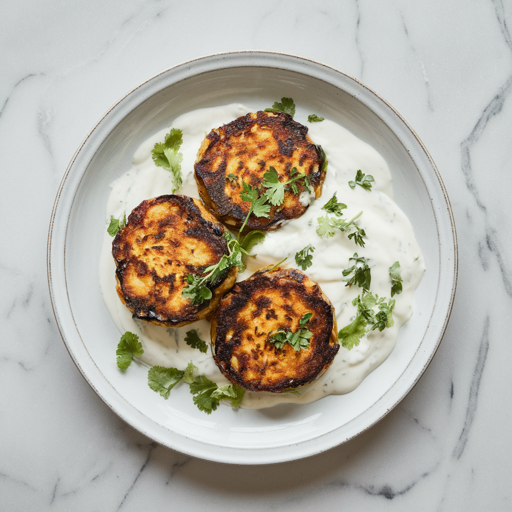 Air Fryer Spiced Eggplant and Chickpea Patties with Tangy Yogurt Sauce