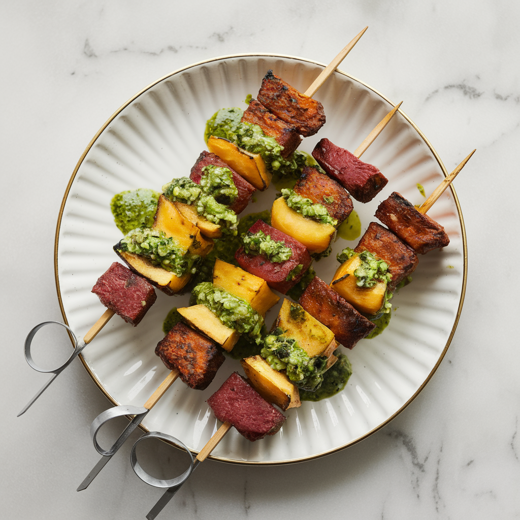 Air Fryer Spiced Seitan & Plantain Skewers with Chimichurri