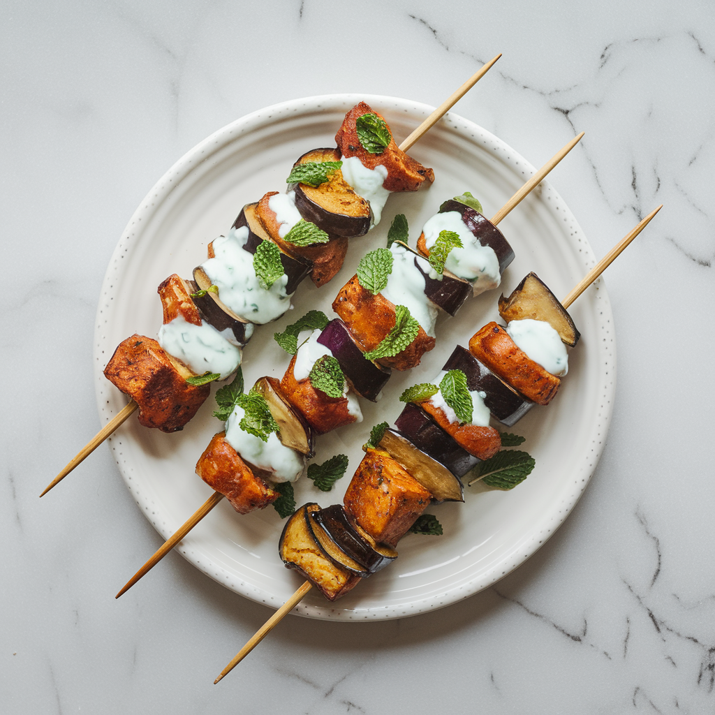 Air Fryer Spicy Seitan and Eggplant Skewers with Mint Yogurt Sauce