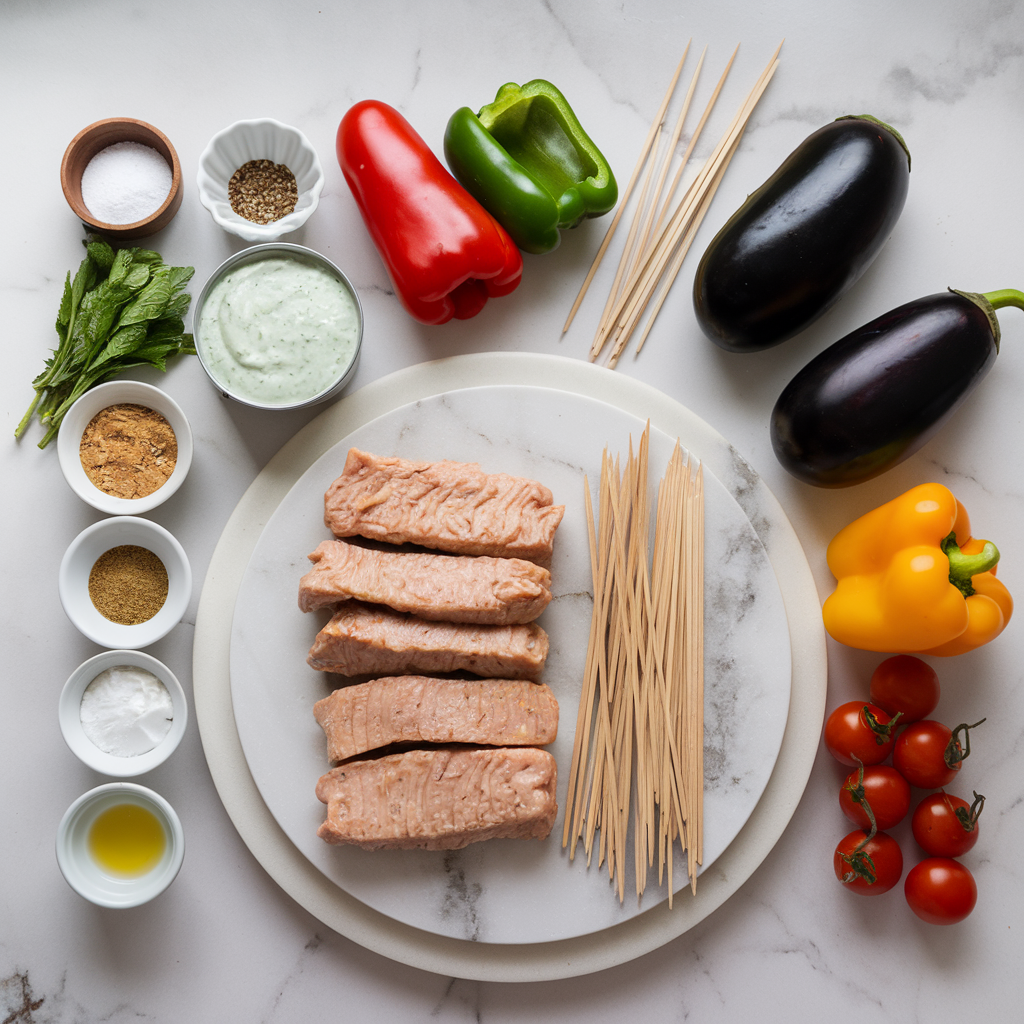 Ingredients for Air Fryer Spicy Seitan and Eggplant Skewers with Mint Yogurt Sauce