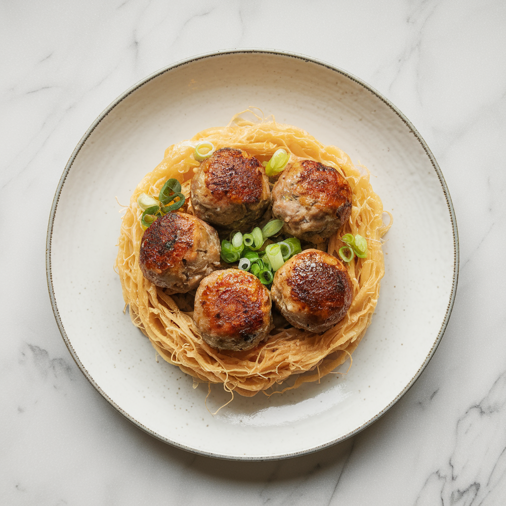Air Fryer Szechuan Lamb Meatballs with Crispy Noodle Nest