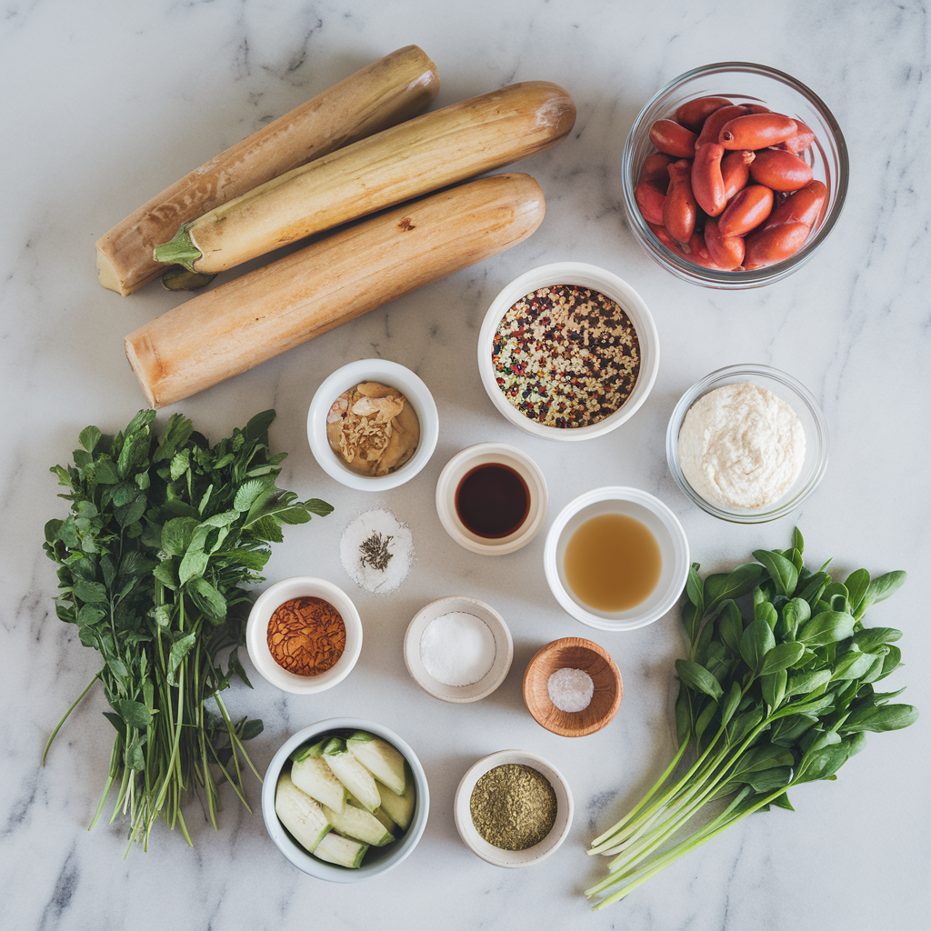 Ingredients for Air Fryer Tamarind Glazed Eggplant Steaks with Quinoa & Herb Salad