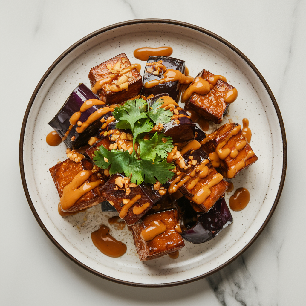 Air Fryer Tempeh and Eggplant Satay with Spicy Peanut Sauce