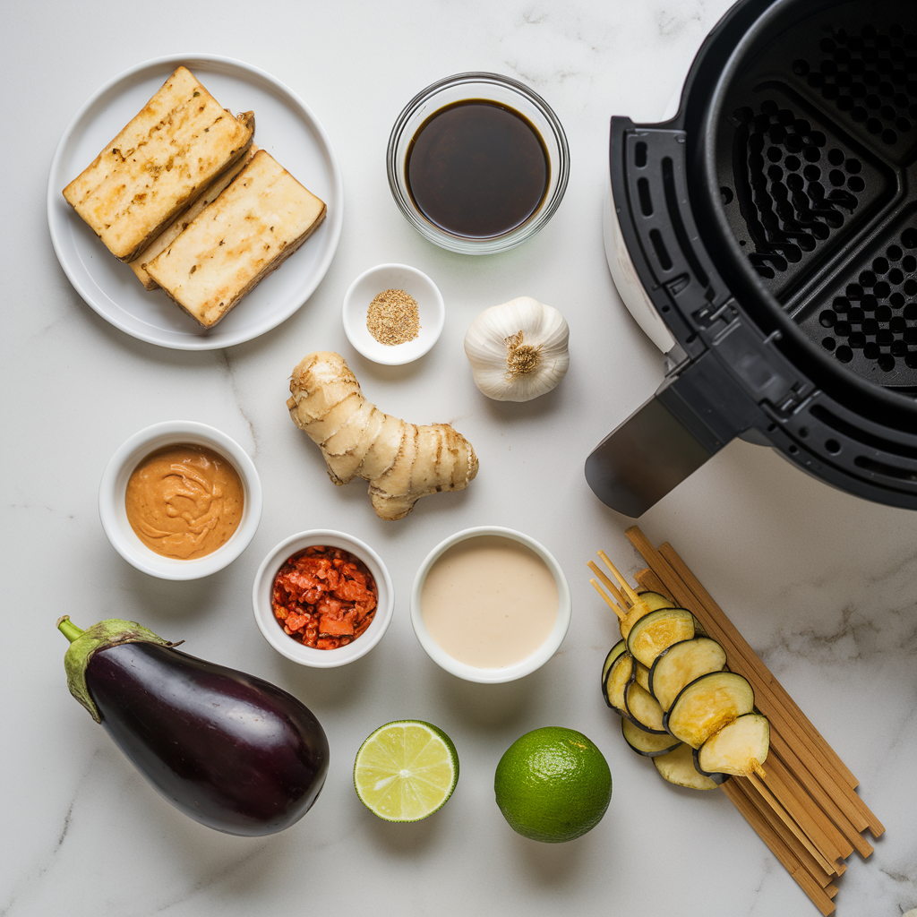 Ingredients for Air Fryer Tempeh and Eggplant Satay with Spicy Peanut Sauce