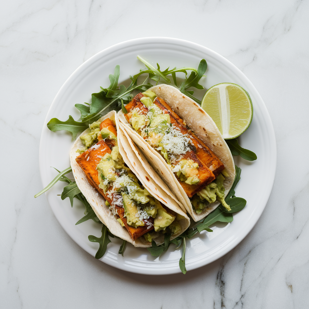 Air Fryer Tempeh & Sweet Potato Tacos with Zesty Avocado Slaw