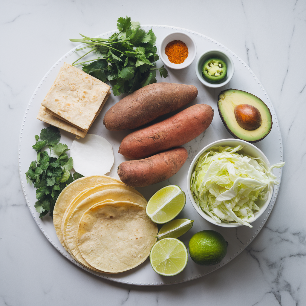 Ingredients for Air Fryer Tempeh & Sweet Potato Tacos with Zesty Avocado Slaw