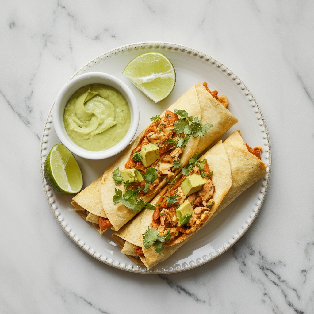 Air Fryer Zesty Jackfruit Taquitos with Avocado Lime Dip