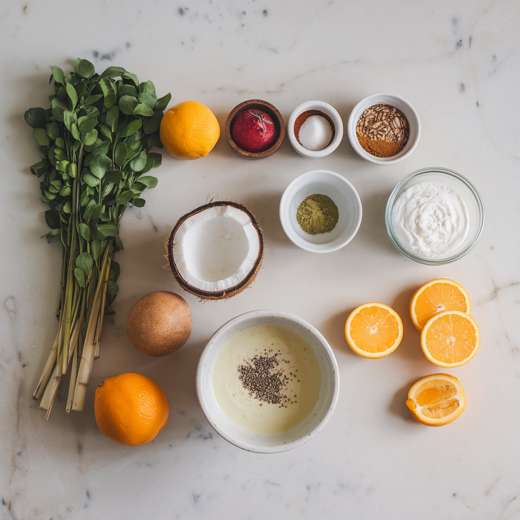 Ingredients for Airy Coconut & Matcha Chia Parfait with Citrus Drizzle