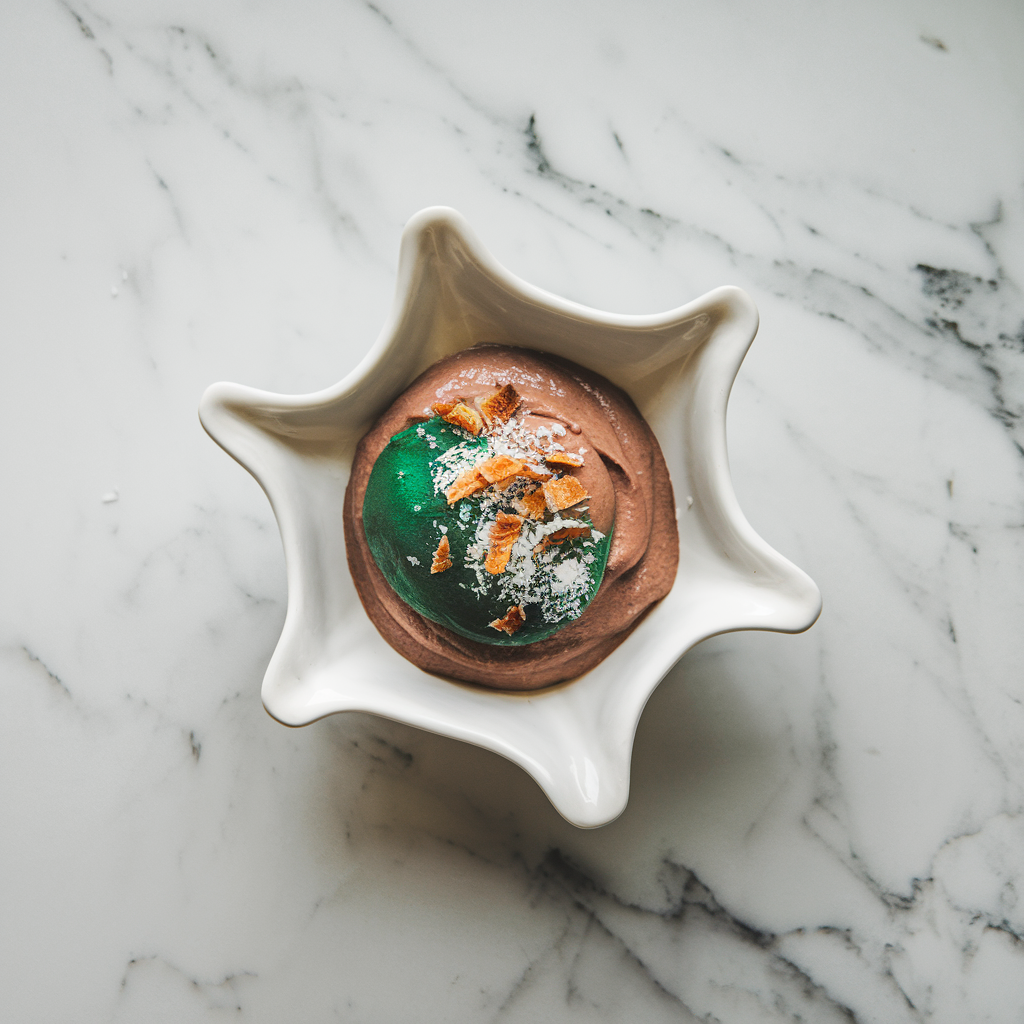 Avocado-Chocolate Mousse with Spirulina and Toasted Coconut