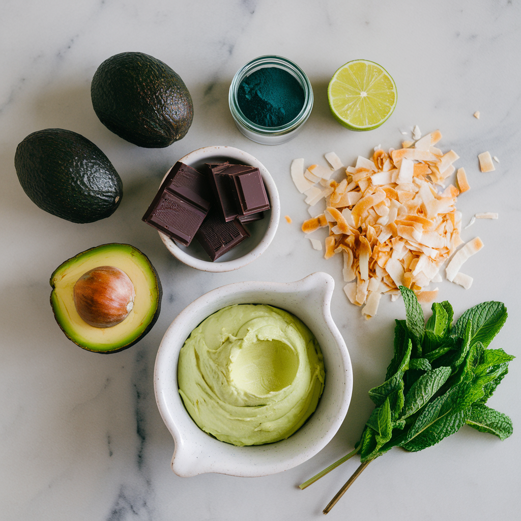 Ingredients for Avocado-Chocolate Mousse with Spirulina and Toasted Coconut
