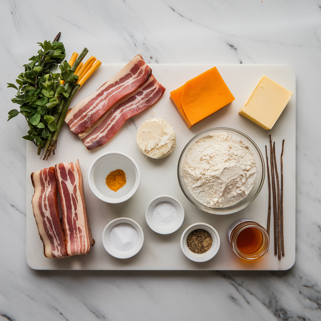 Ingredients for Bacon & Cheddar Swirl Bread with Spicy Honey Drizzle