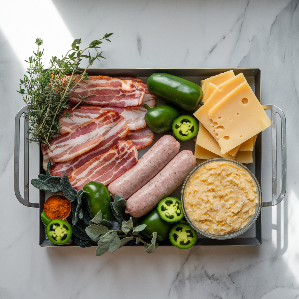 Ingredients for Bacon and Sausage Breakfast Bombs with Cheesy Jalapeño Grits