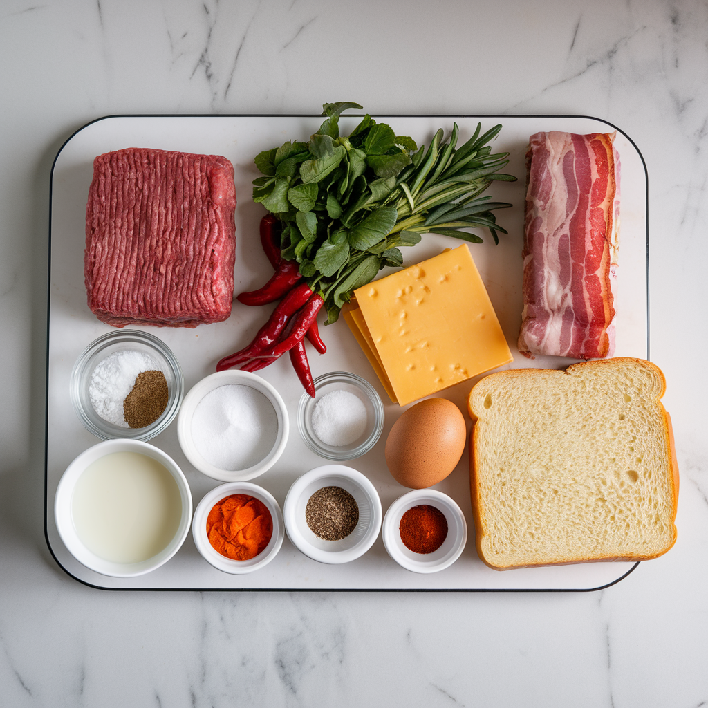 Ingredients for Bacon-Wrapped Cheeseburger Meatloaf with Spicy Chipotle Glaze