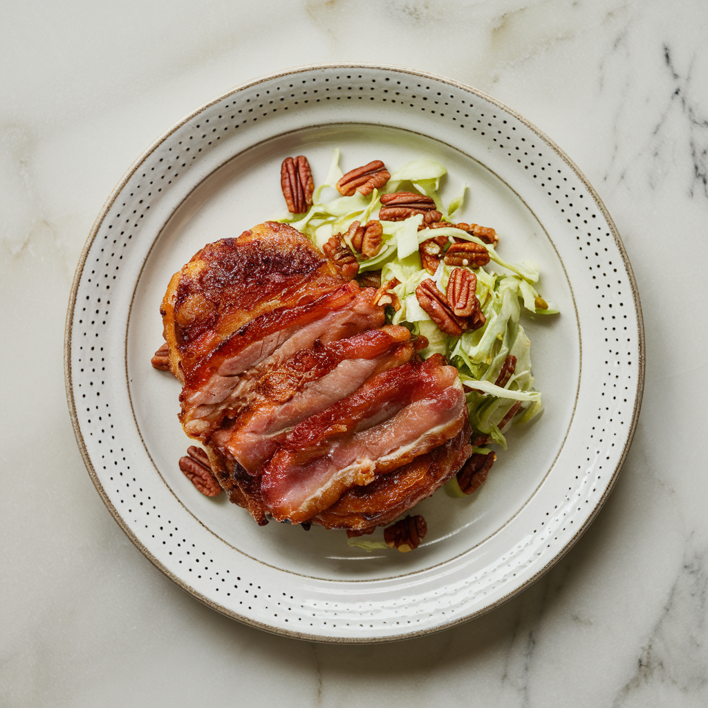Bacon-Wrapped Maple-Mustard Pork Medallions with Crunchy Pecan Slaw