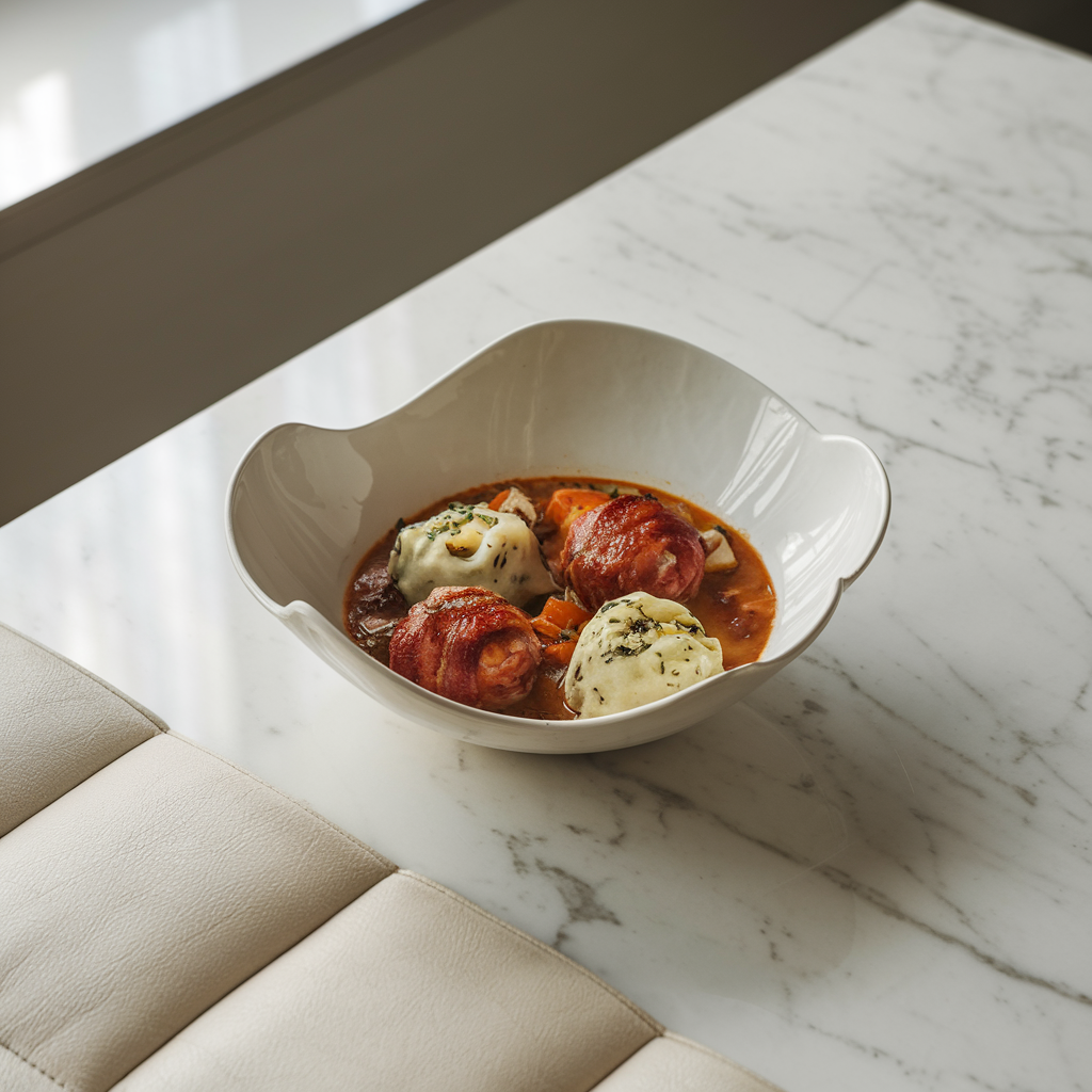 Bacon-Wrapped Meatball Stew with Cheesy Herb Dumplings
