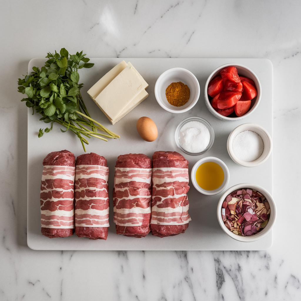 Ingredients for Decadent Bacon-Wrapped Meatloaf Rolls with Cheese Stuffing