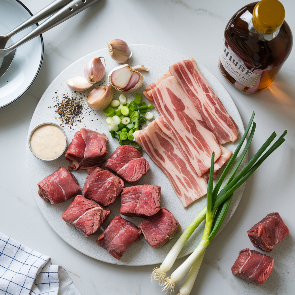 Ingredients for Bacon-Wrapped Steak Bites with Creamy Whiskey Sauce