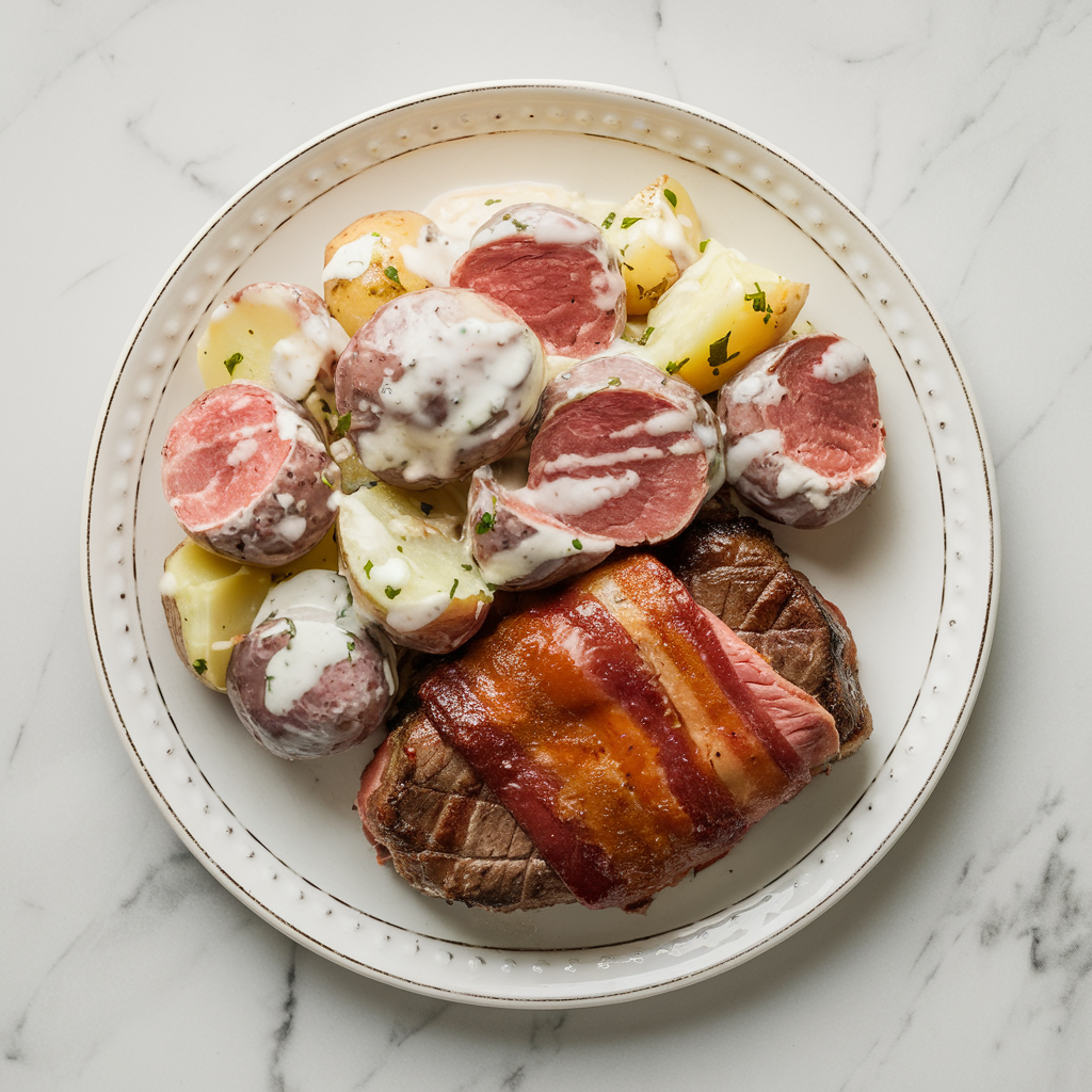 Bacon-Wrapped Steak & Loaded Potato Salad with Tangy BBQ Dressing